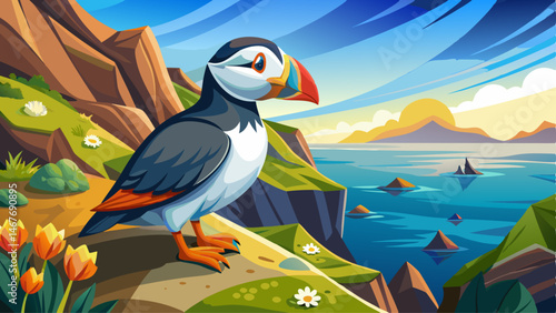 
portrait Atlantic puffin, fratercula arctica, standing on cliff in summertime. Panorami horizontal composition of colorful seabird observing on mountainside near to sea. Wild aquatic animal looking t