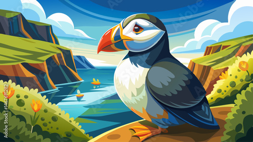 
portrait Atlantic puffin, fratercula arctica, standing on cliff in summertime. Panorami horizontal composition of colorful seabird observing on mountainside near to sea. Wild aquatic animal looking t
