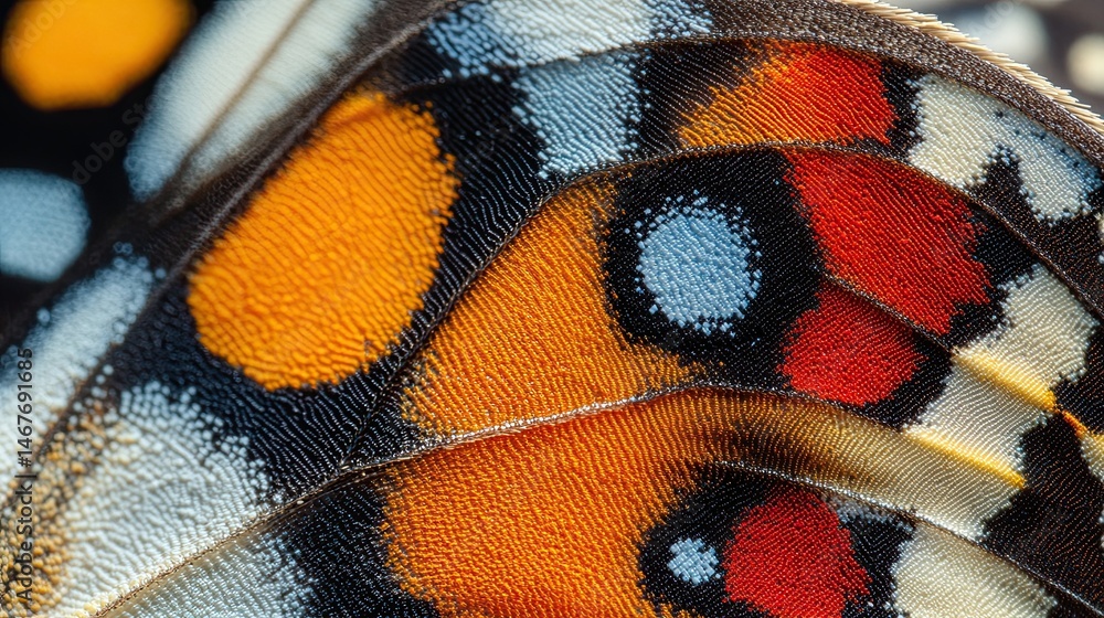 A close up of the wing of a painted lady butterfly showing the intricate patterns and colors present A close up of the wing of a painted lady butterfly showing the intricate patterns and colors present