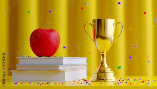 Bright Apple Next to Trophy on Stack of Books With Colorful Confetti in Vibra...