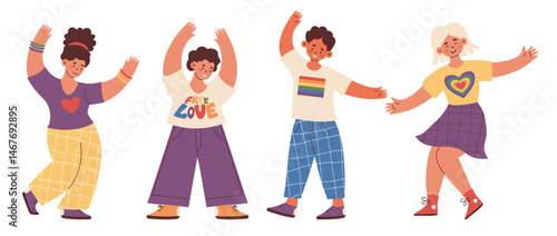 Happy LGBTQ People Dancing. Pride Month. LGBT community. Fun holiday Gay and lesbians set. Isolate Vector Illustration for Design, social media, unity and equal love