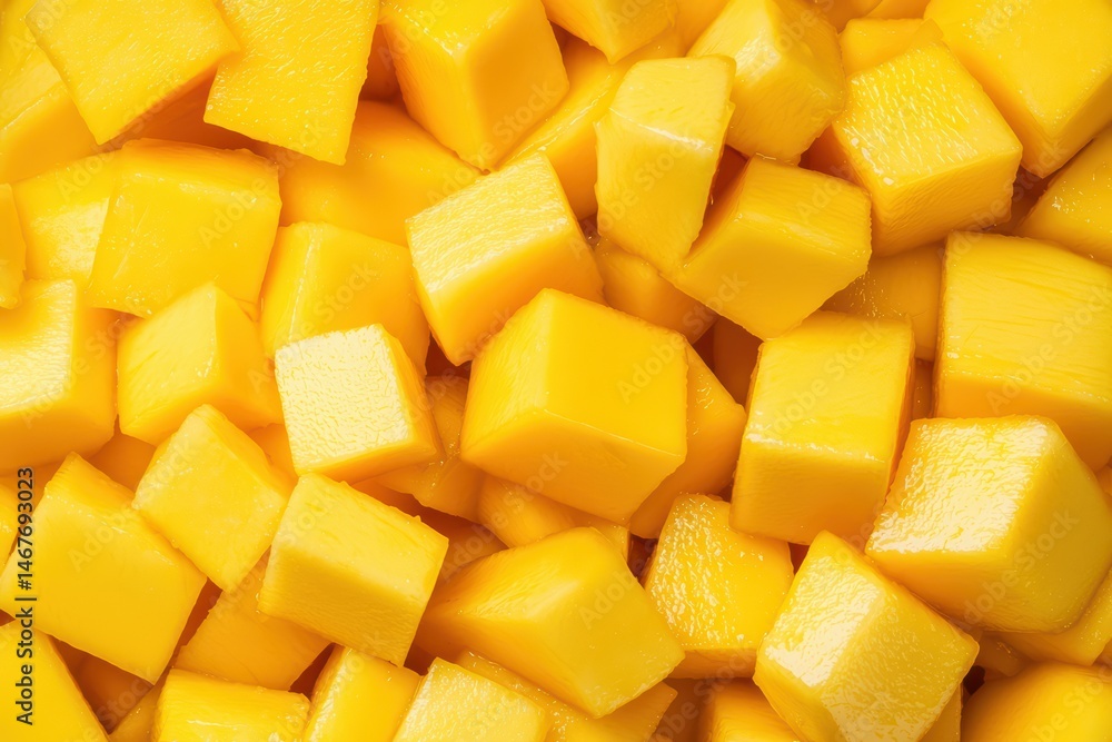 Fresh mango cubes on market display ready for cooking, smoothies, and tropical desserts Fresh mango cubes on market display ready for cooking, smoothies, and tropical desserts