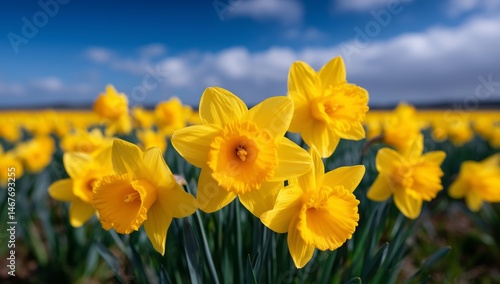 Daffodils Bloom Brilliantly in a Field Under a Sunny Sky During Springtime