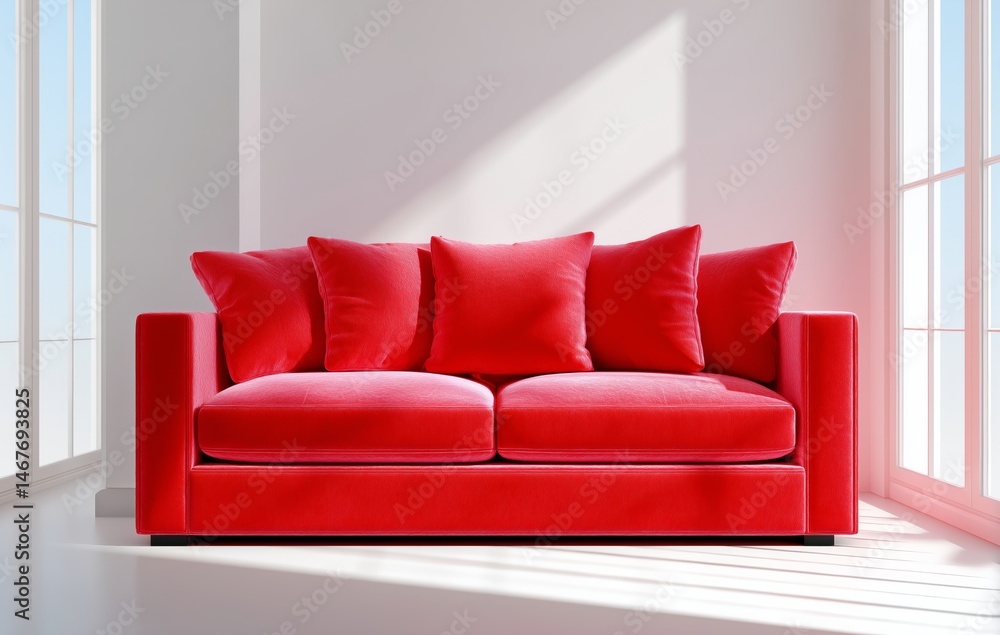 Obraz premium Bright Red Sofa in Minimalist Room With Natural Light Streaming Through Large Windows