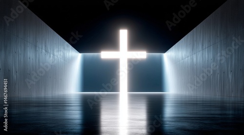 Light Beams Illuminate a Large Cross Inside a Minimalistic Chapel at Dusk