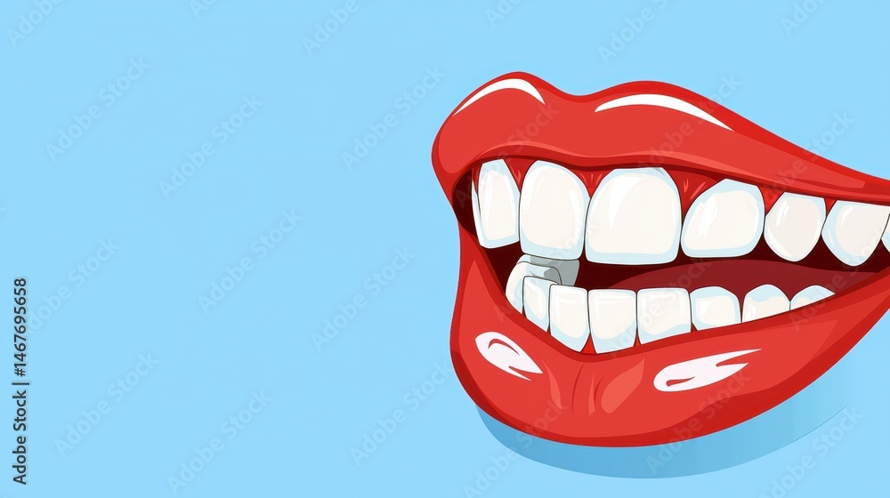 Naklejka premium Bright red lips with white teeth smiling against a light blue background in a pop art style illustration