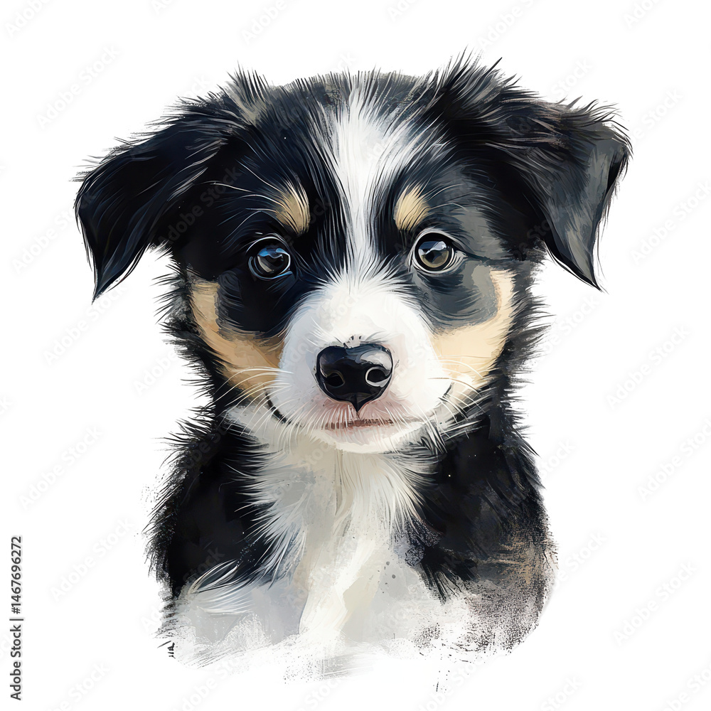 Fototapeta premium Cute puppy with black and white fur posing against a white background with curious expression