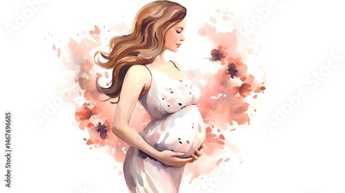 Professional Maternity Photography of a Beautiful Pregnant Woman in Floral Wreath on White Background