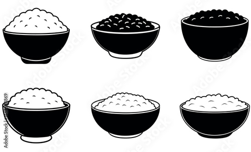 Black and White Rice Bowl Silhouette Icons Collection