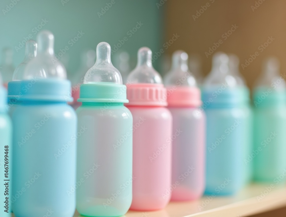 Collection of brightly colored baby bottles in pink, blue, and green on a shelf.
Collection of brightly colored baby bottles in pink, blue, and green on a shelf.
