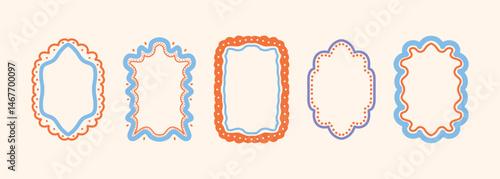 Set of Bright Colorful Wavy Frames with Dotted and Curved Borders. Stamp Inspired Hand Drawn Mediterranean Ornament Borders. Flat Vector Illustration Isolated on Light