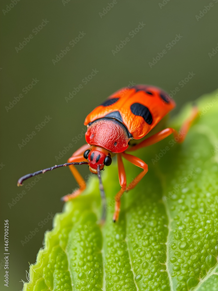 Naklejka premium Closeup on a colorful sap-sucking red firebug or soldierbug, Pyrrhocoris apterus, sitting on a green leaf