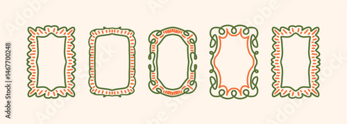 Decorative Hand Drawn Frames with Wavy and Leafy Edges. Rustic Stamp Inspired Borders in Orange and Olive Green. Vector Illustration on Light Background