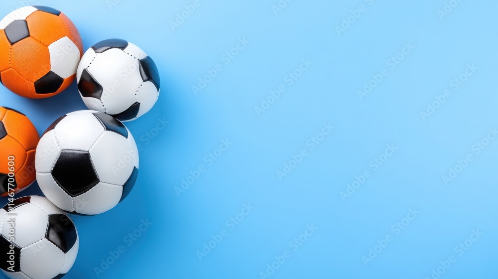 Fototapeta premium Colorful Soccer Balls on a Blue Background for Sports Themes