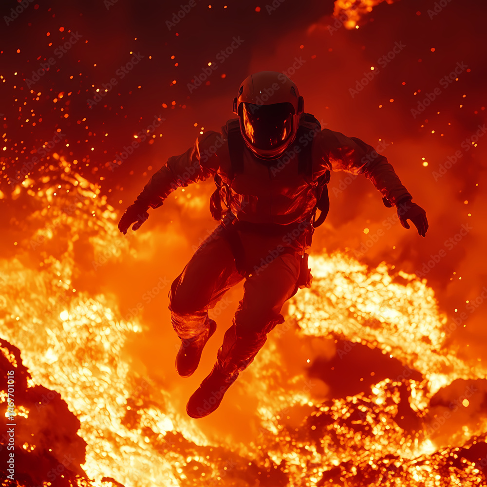 Fototapeta premium Astronaut exploring volcanic terrain with flowing lava at night Generative AI