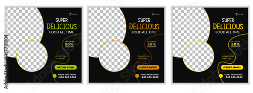 food social media post template design for promotion. business vector vector illustration.Fresh pizza, burger & pasta online sale promotion flyer or poster.Set of Editable square banner template .