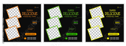 food social media post template design for promotion. business vector vector illustration.Fresh pizza, burger & pasta online sale promotion flyer or poster.Set of Editable square banner template .