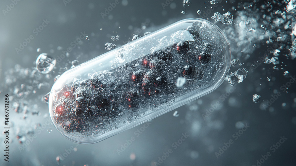 3D rendering of a medical capsule with transparent molecules in a white gold silver tone minimal background. Symbolizes innovation, purity, biotechnology, and futuristic pharmaceutical science.