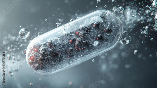 Obraz na płótnie 3D rendering of a medical capsule with transparent molecules in a white gold silver tone minimal background. Symbolizes innovation, purity, biotechnology, and futuristic pharmaceutical science.
w salonie