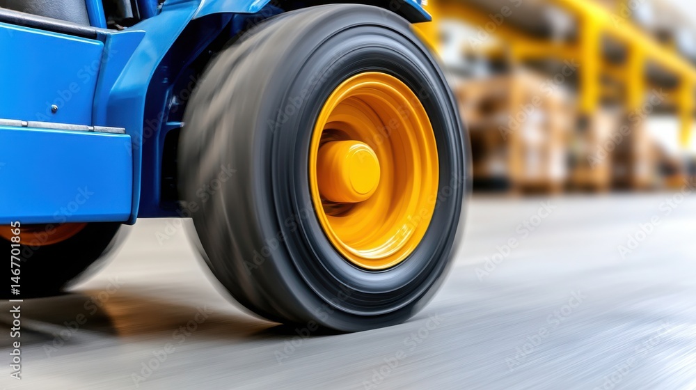 Close-Up of Blue Forklift Tire in Motion at Warehouse Environment Close-Up of Blue Forklift Tire in Motion at Warehouse Environment