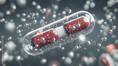 3D rendering of a medical capsule with transparent molecules in a white gold silver tone minimal background. Symbolizes innovation, purity, biotechnology, and futuristic pharmaceutical science.

