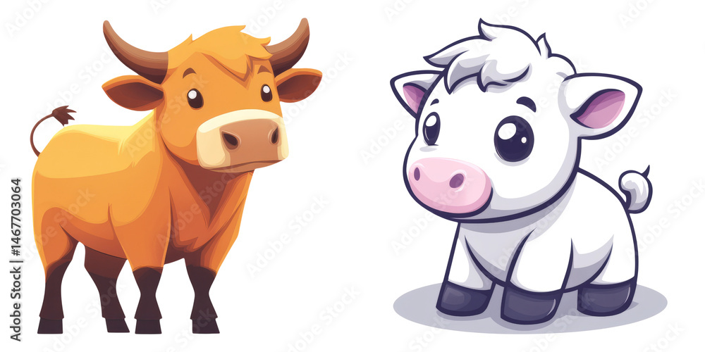 Naklejka premium Cute cartoon black and brown cow characters isolated on transparent PNG image perfect for children’s party invitations or farm-themed designs