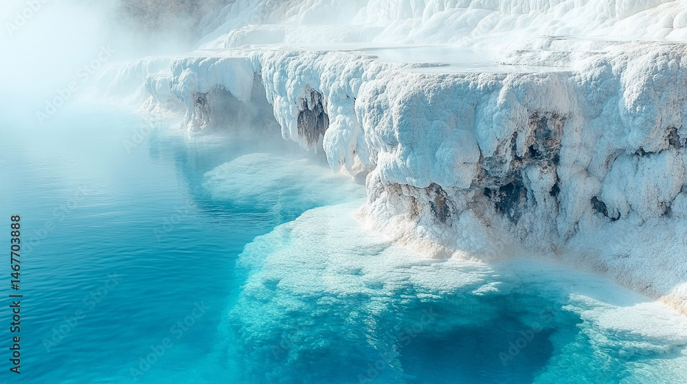 Mineral rich baby blue thermal waters flow through white travertine terraces in Pamukkale Turkey symbolizing healing purity natural wonder and peaceful escape in a serene wellness travel landscape