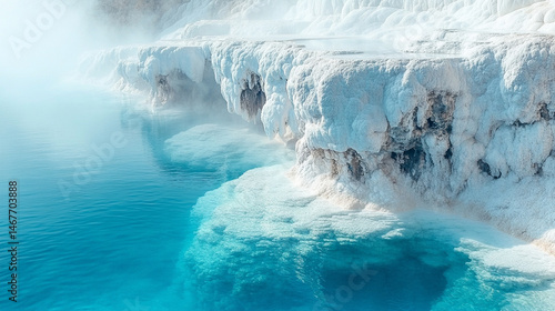 Obraz na płótnie Mineral rich baby blue thermal waters flow through white travertine terraces in Pamukkale Turkey symbolizing healing purity natural wonder and peaceful escape in a serene wellness travel landscape
w salonie