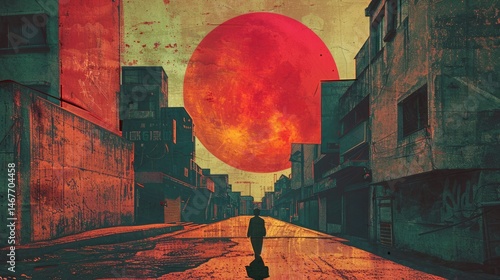 Digital art of a silhouette walking down a deserted urban street under a large red moon. Abstract immage of building structure with vibrant color and blue sky. Dystopian and surreal themes. AIG51.