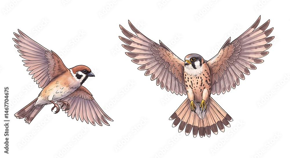Sparrow and Small Falcon Flying, Illustrated Wild Birds on White Sparrow and Small Falcon Flying, Illustrated Wild Birds on White