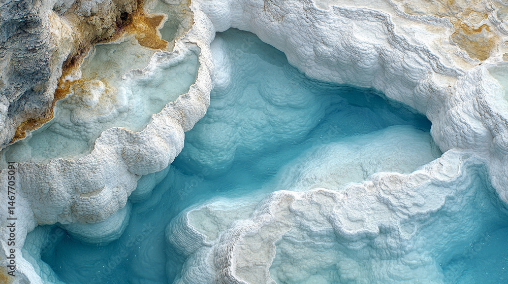 Mineral rich baby blue thermal waters flow through white travertine terraces in Pamukkale Turkey symbolizing healing purity natural wonder and peaceful escape in a serene wellness travel landscape