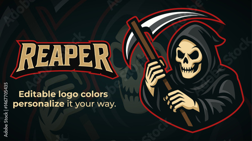 Grim Reaper Mascot Logo – Editable Vector Skull with Scythe for Esports, Teams and Gaming Branding