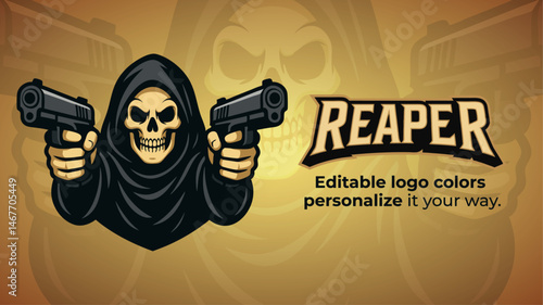 Grim Reaper Mascot with Dual Pistols – Editable Vector Logo for Esports, Gamers and Shooter Teams

