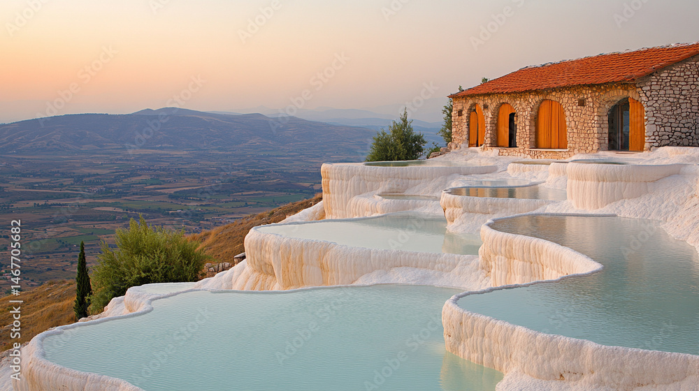 Mineral rich baby blue thermal waters flow through white travertine terraces in Pamukkale Turkey symbolizing healing purity natural wonder and peaceful escape in a serene wellness travel landscape