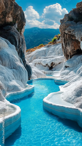 Mineral rich baby blue thermal waters flow through white travertine terraces in Pamukkale Turkey symbolizing healing purity natural wonder and peaceful escape in a serene wellness travel landscape

