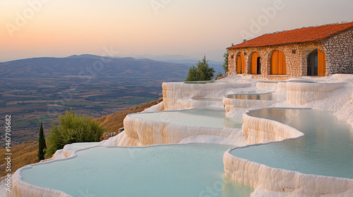 Mineral rich baby blue thermal waters flow through white travertine terraces in Pamukkale Turkey symbolizing healing purity natural wonder and peaceful escape in a serene wellness travel landscape

