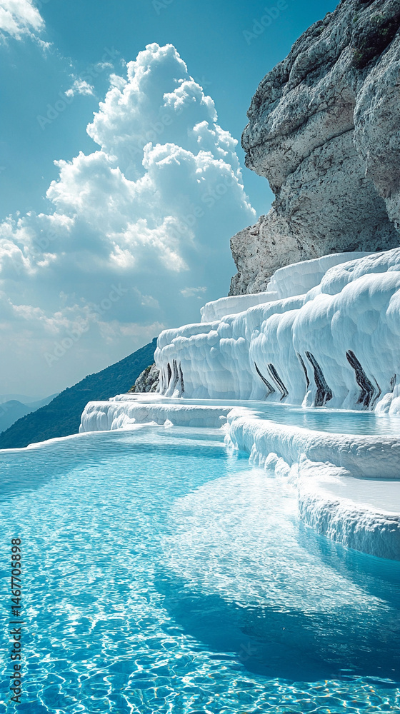 Mineral rich baby blue thermal waters flow through white travertine terraces in Pamukkale Turkey symbolizing healing purity natural wonder and peaceful escape in a serene wellness travel landscape