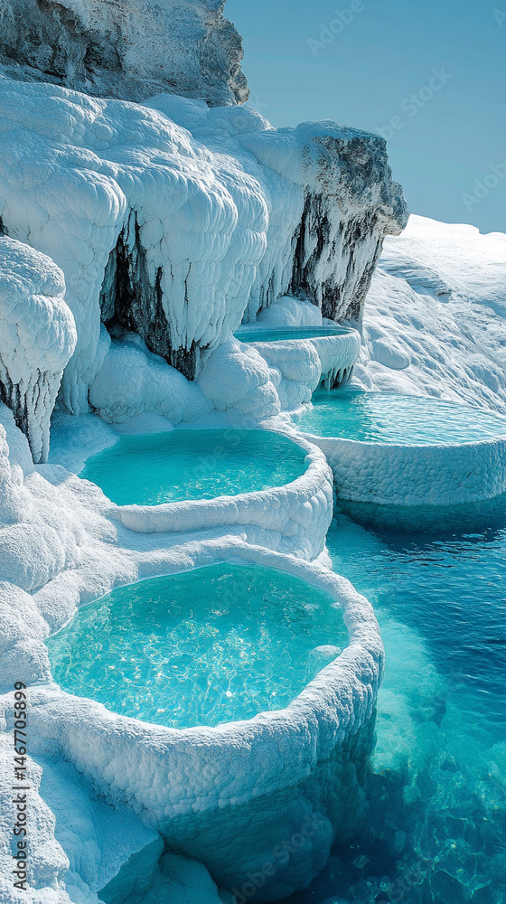 Mineral rich baby blue thermal waters flow through white travertine terraces in Pamukkale Turkey symbolizing healing purity natural wonder and peaceful escape in a serene wellness travel landscape