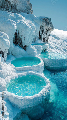 Obraz na płótnie Mineral rich baby blue thermal waters flow through white travertine terraces in Pamukkale Turkey symbolizing healing purity natural wonder and peaceful escape in a serene wellness travel landscape
w salonie