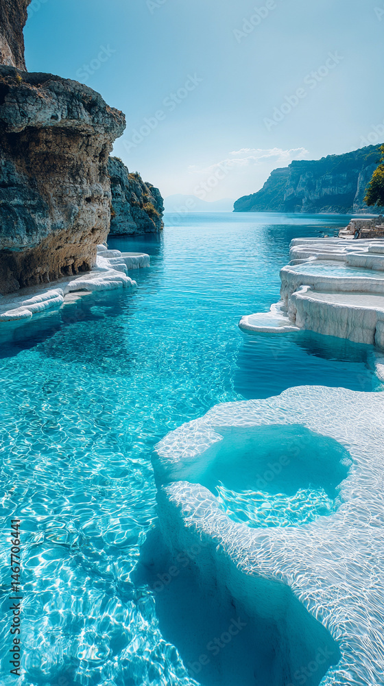 Mineral rich baby blue thermal waters flow through white travertine terraces in Pamukkale Turkey symbolizing healing purity natural wonder and peaceful escape in a serene wellness travel landscape