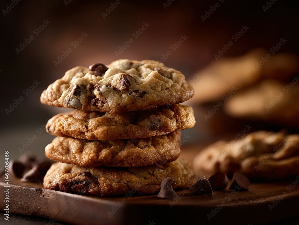 Fototapeta premium Deliciously baked chocolate chip cookies stacked on wooden board