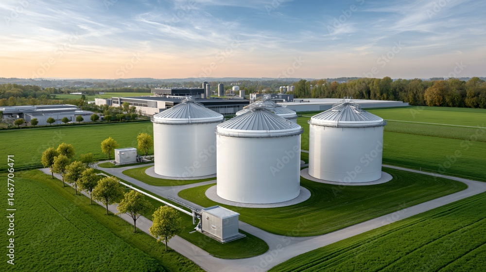 Aerial view of a large biogas power plant facility with multiple dome-shaped digesters, interconnected pipelines, and adjacent generator units surrounded by verdant farmland under clear sky