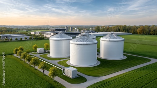 Obraz na płótnie Aerial view of a large biogas power plant facility with multiple dome-shaped digesters, interconnected pipelines, and adjacent generator units surrounded by verdant farmland under clear sky w salonie