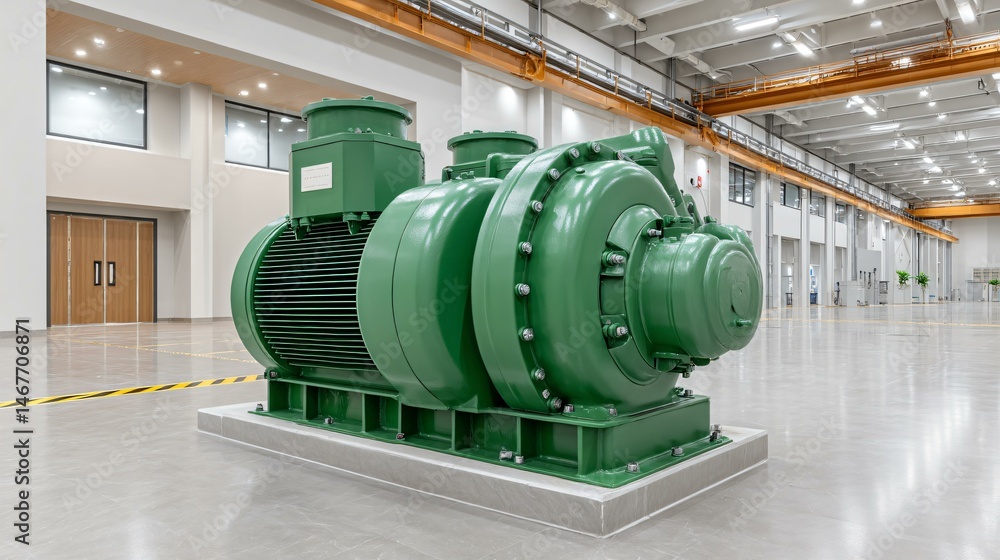 High-resolution shot of a biogas engine block connected to an alternator inside a power generation hall, with clean concrete floor, safety markings, and overhead crane rails
