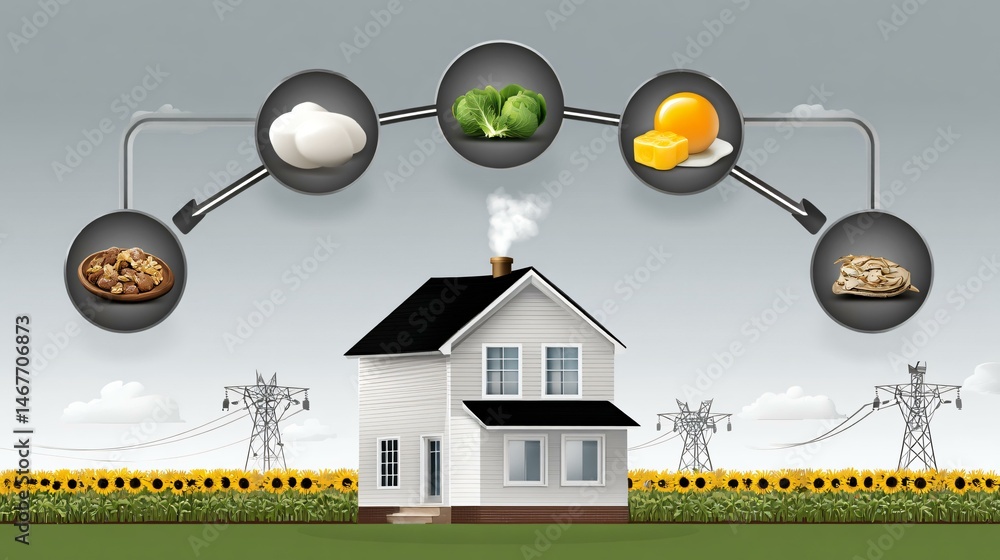 Infographic style prompt showing the complete biogas power cycle from organic waste collection to methane combustion in engines and electricity export through transmission lines