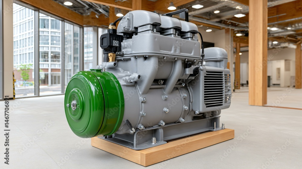 High-resolution shot of a biogas engine block connected to an alternator inside a power generation hall, with clean concrete floor, safety markings, and overhead crane rails