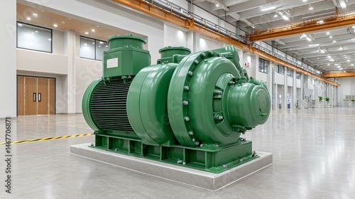 Obraz na płótnie High-resolution shot of a biogas engine block connected to an alternator inside a power generation hall, with clean concrete floor, safety markings, and overhead crane rails w salonie