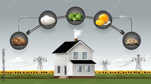 Obraz na płótnie Infographic style prompt showing the complete biogas power cycle from organic waste collection to methane combustion in engines and electricity export through transmission lines w salonie