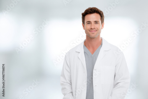 portrait of orthopedic doctor with gentle smile positioned on left side of frame
