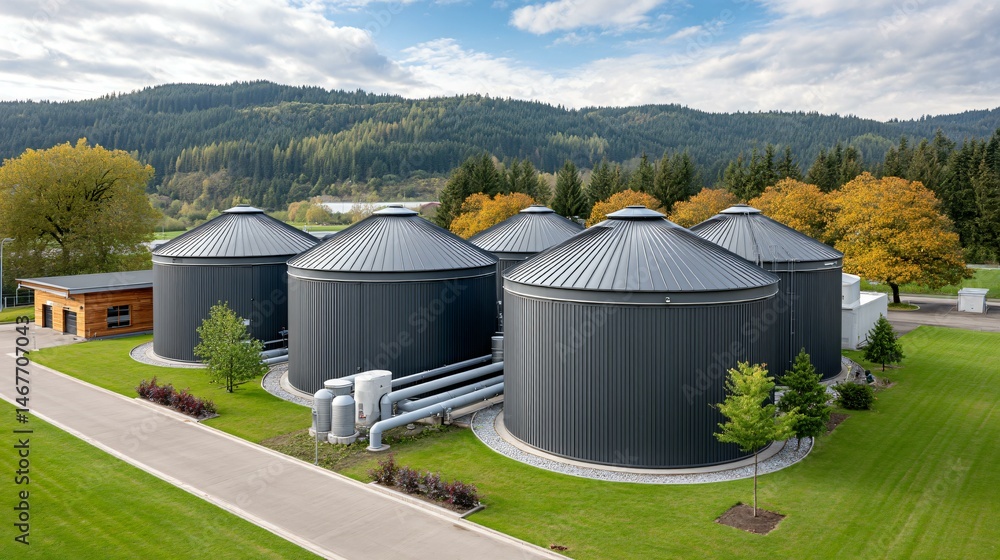 Panoramic drone view of an industrial biogas complex with multiple digesters, feedstock silos, and co-generation units arranged in neat rows connected by insulated piping